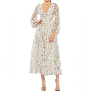 Mac Duggal || Sheer Bishop Sleeve V-neckline Floral Printed A-line Dress